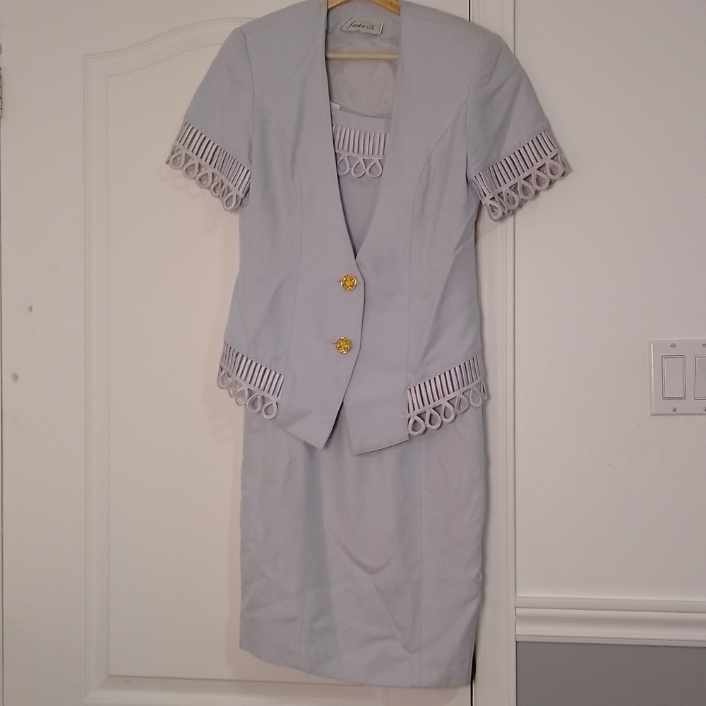 Vintage Jackie K. 2 piece dress and blazer light blue. padded shoulders size 5/6